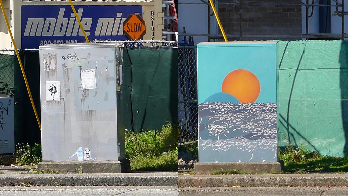 Before and after shot of one signal box completed for the West Seattle Signal Box Project